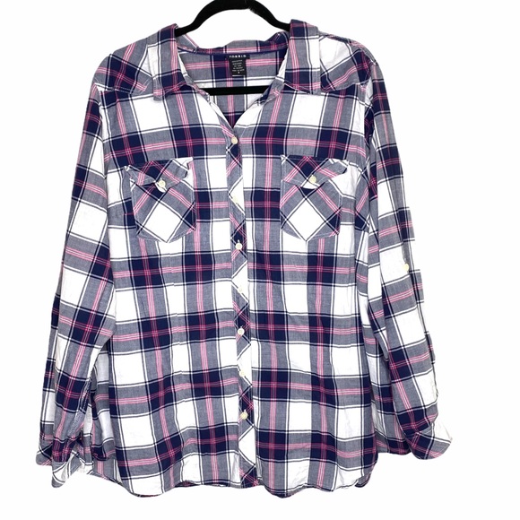 Torrid White/Pink Plaid Button Down Sz 3